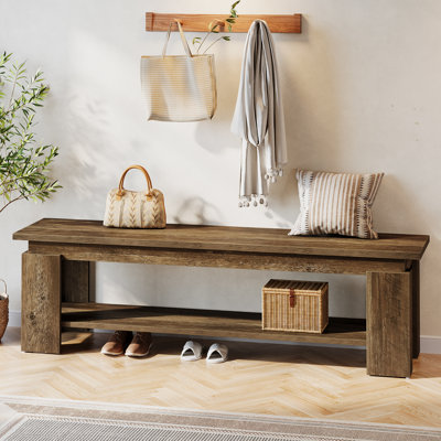 63 Inch Entryway Bench With Storage Shelf, Farmhouse Wooden Shoe Bench For Hallway, Mudroom, Bedroom