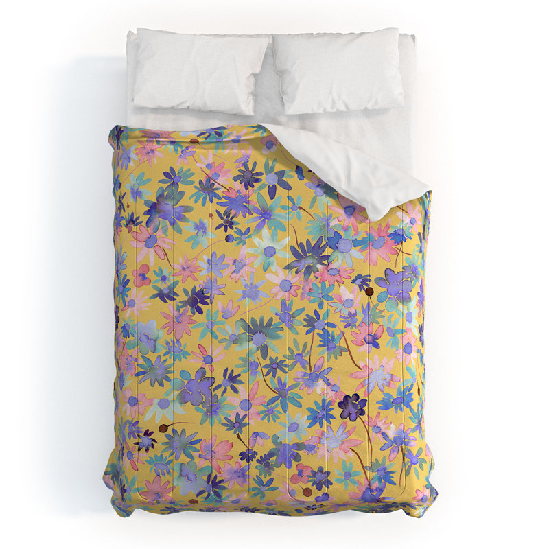 Ensemble d'édredon en coton standard jaune / mauve / bleu Ninola, Édredon pour grand lit + 2 taies décoratives