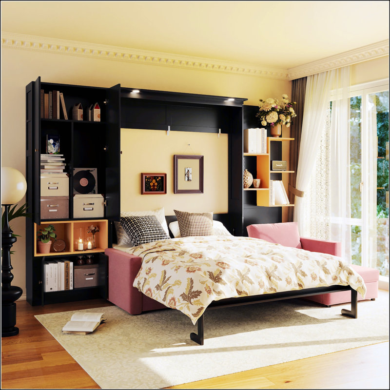 Grand lit escamotable avec grand canapé, tablettes et armoires de rangement, lit escamotable mural moderne à deux lumières - noir et rose