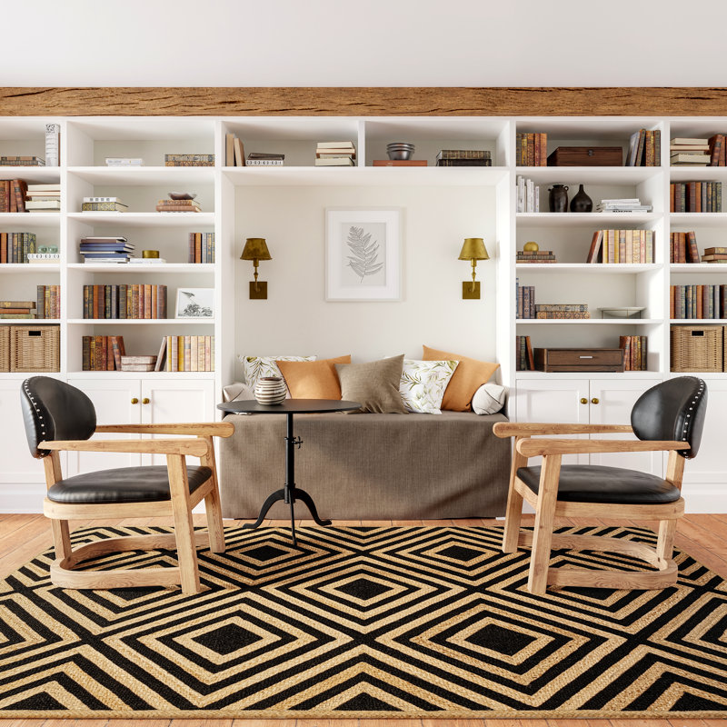 Black and Beige Jute Rectangular Trellis Area Rug, 9' x 12'