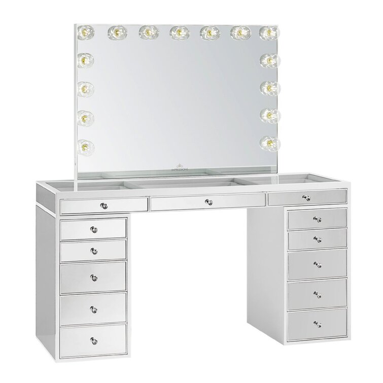 Impressions Vanity Desk SlayStation Plus 2.0 Clear Mirrored Tabletop and 5  Drawer Units Bundle for Makeup Vanity Mirror with Lights, Nail Table with