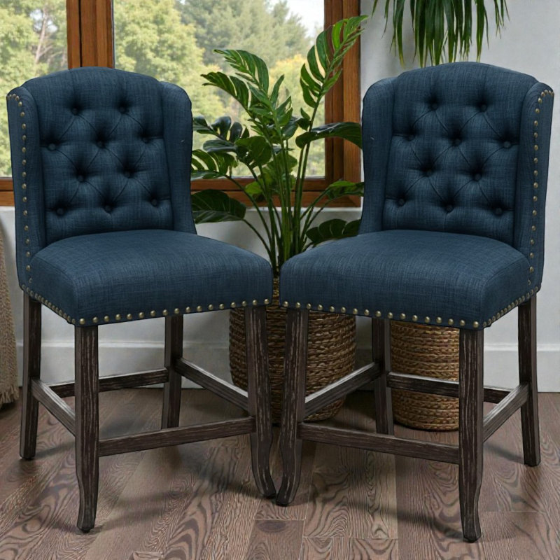 Ensemble de 2 chaises à hauteur de comptoir capitonnées en tissu bleu marine / brun foncé Lela