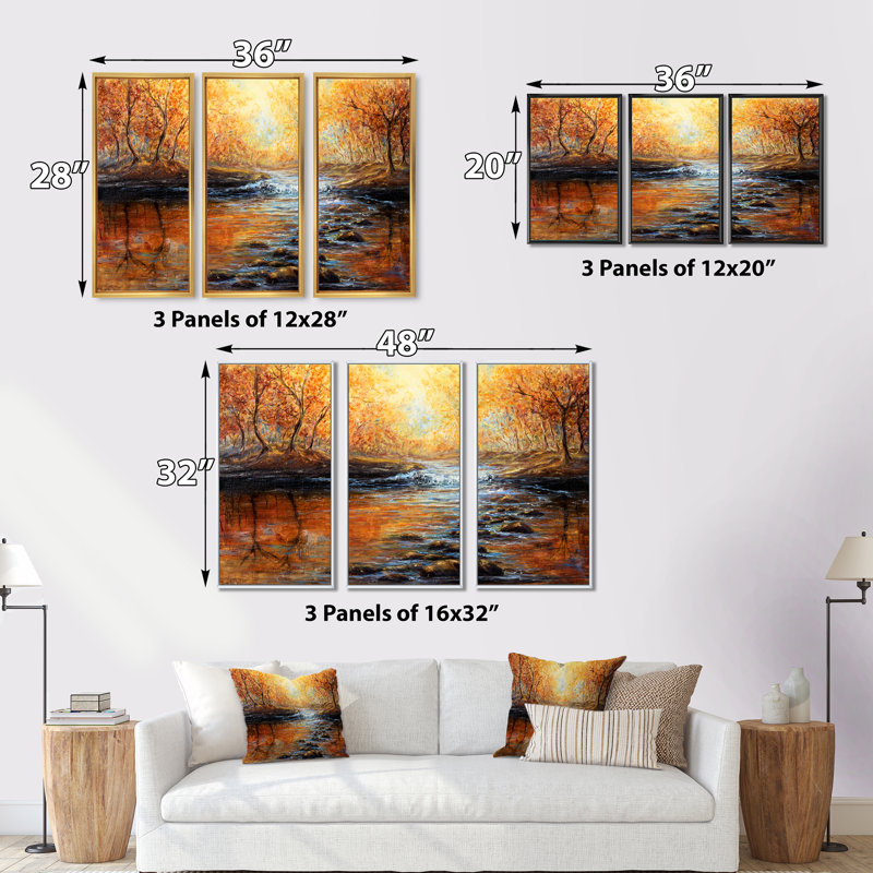 «Morning Light In The Autumn Forest», peinture sur toile 3 pièces, H 28 po x l 36 po, Blanc