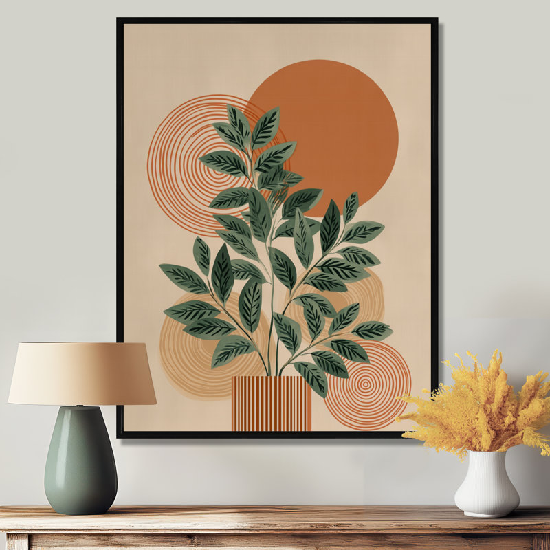 «Green and Orange Minimalisme Herb Elegance», reproduction d'art sur toile botanique verte, H 40 po x l 30 po, Cadre flottant