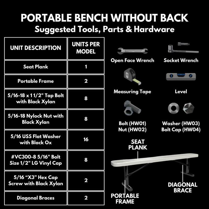 Bench, Textured Black, Expanded, 6Ft, No Back, Portable, 6ft No-Back Portable, Punched, Textured Gold Vein