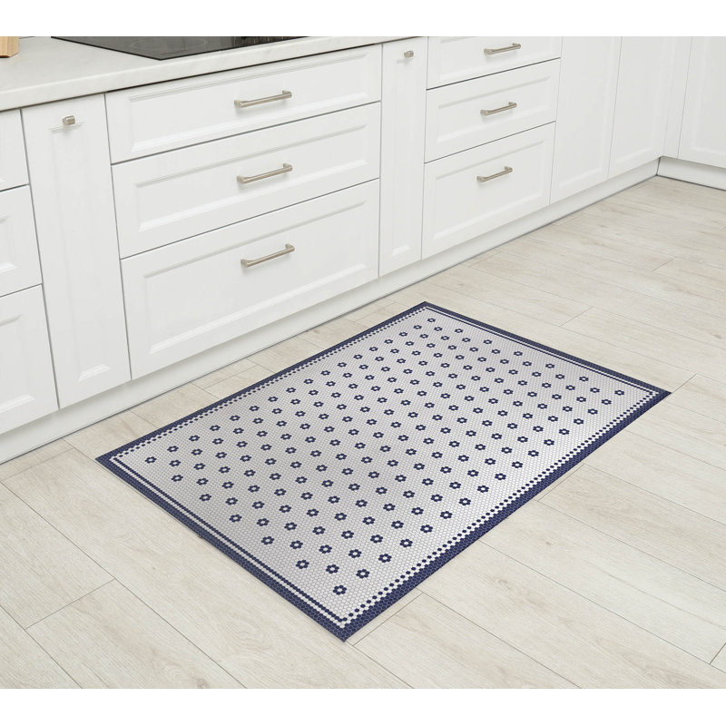 Diano Tile Flower Kitchen Mat, Rectangle 2' x 3', Navy