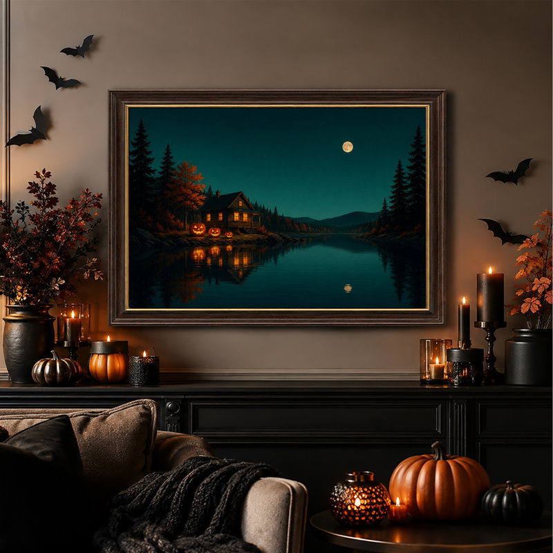 Cabane illuminée avec des citrouilles au bord d'un lac, sous une toile murale d'Halloween, 16"H x 24"W
