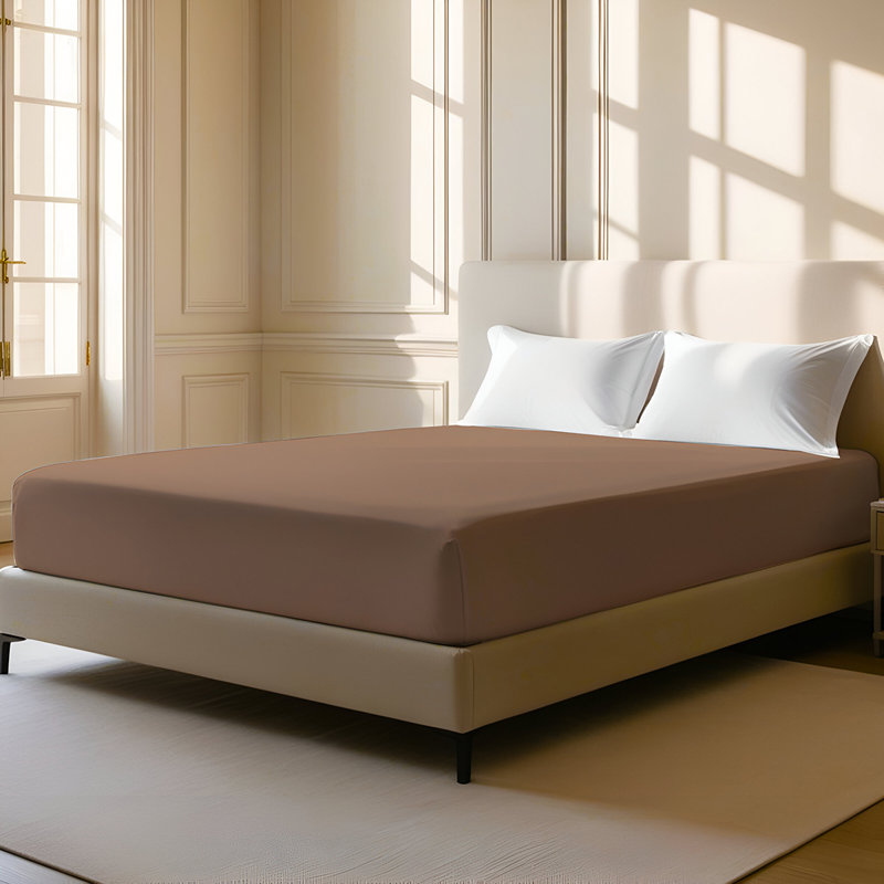 400TC Sateen Solid Cotton Fitted Sheet Fits Upto 8" Deep Pocket, Taupe, Full XL Fitted Sheet