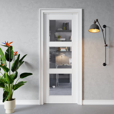 Porte intérieure coulissante à trois vantaux en verre clair, en MDF CARB P2 et verre trempé SGCC, avec cadre renforcé et quincaillerie incluse, pour chambre à coucher, préfinie et imperméable, idéale pour garde-manger, chambre, salle de bain et garde-robe, teinture facile à appliquer soi-même, 76 x 203 cm