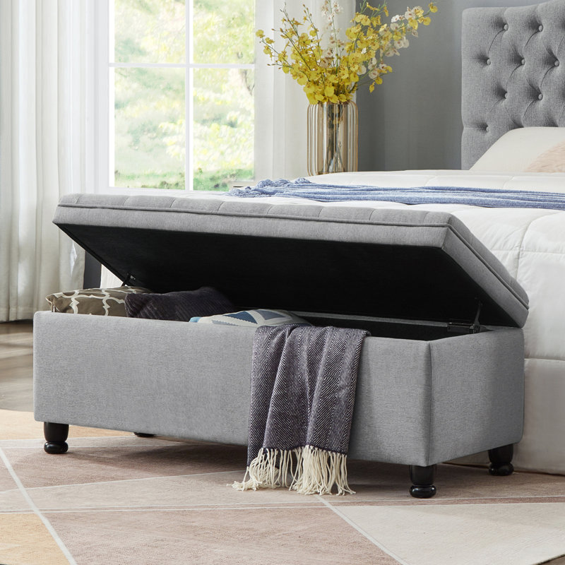 Meshell Linen Blend Upholstered Storage Bench, Light Gray