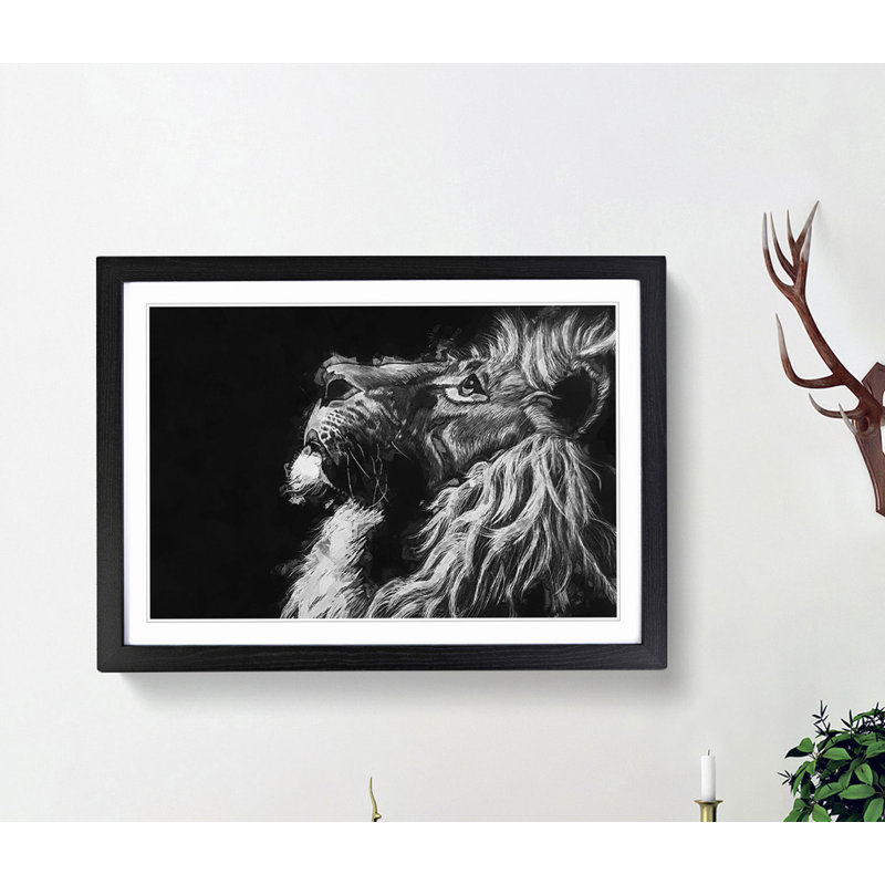 Majestic Lion Illustration in Abstract - Picture Frame Graphic Art Print, 60cm H x 91cm W x 2cm D, Black