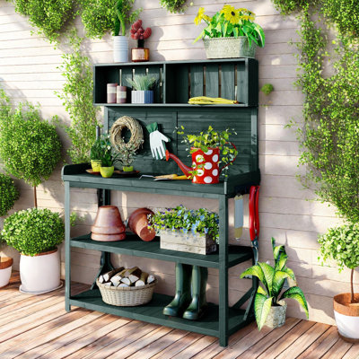 65" Fir Wood Patio Potting Table, Rustic Farmhouse Outdoor Potting Bench with Storage Shelves, Side Hooks & Anti-Tip Hardware