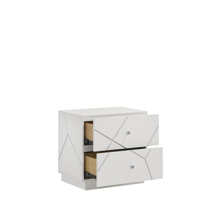 Table de chevet blanche à motif géométrique avec glissières en métal lisse et protection en velours rouge pour lit, finition moderne, tiroir