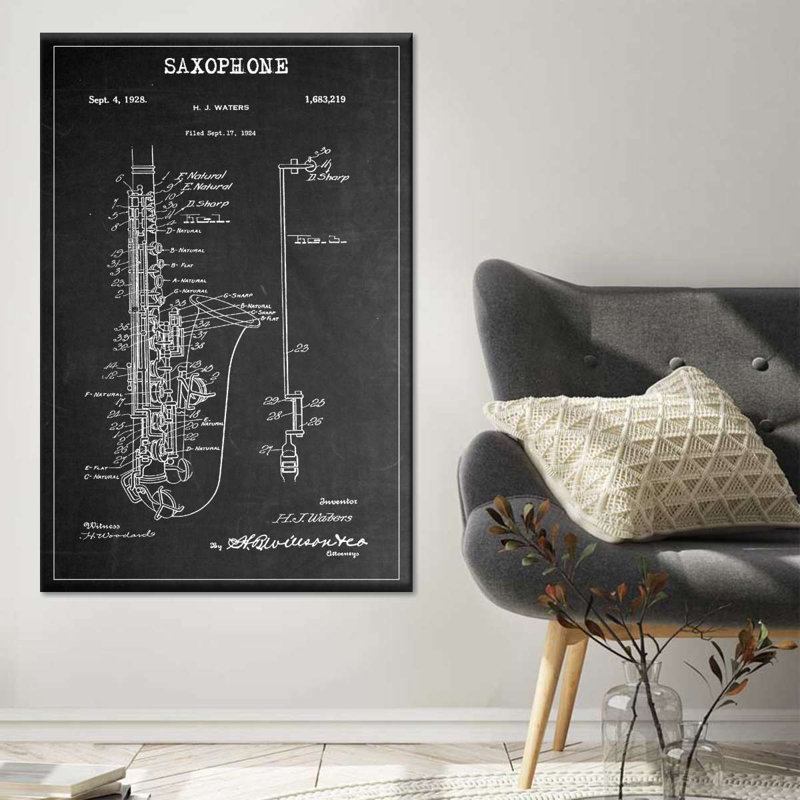 Saxophone BW verni sur toile, H 39 po x l 26 po x P 1,25 po