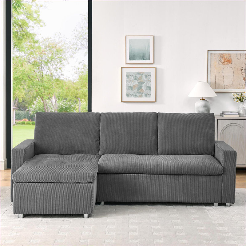 Canapés modulaires | Lit gigogne escamotable moderne en L de 90 po | Méridienne réversible avec rangement | Pour salon | Gris | Velours côtelé