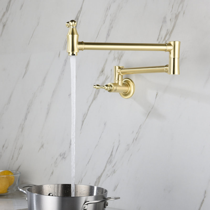Wall Mount Pot Filler Faucet In Gold Brass, Arm For Convenient Filling Operation, Double Handles Controlled Water Supply Volume Control, Corrosion And Fingerprint- Surface Mark Indication Signal,