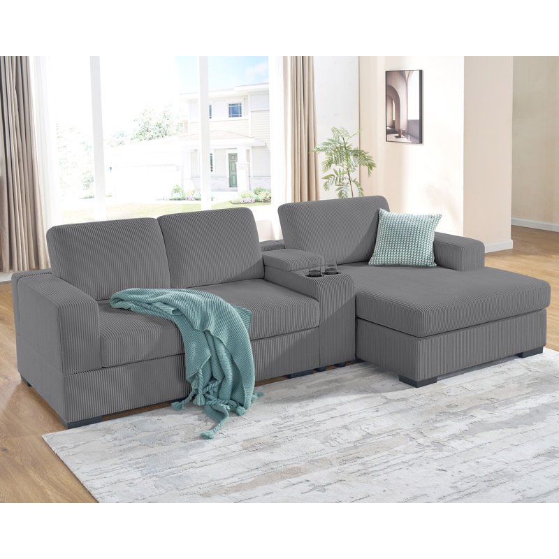 Canapé en L gris de 106 pouces avec méridienne orientée à gauche, canapé confortable surdimensionné avec console de rangement et prise de charge