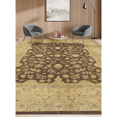 Tapis oriental rectangulaire en laine noué à la main beige / brun foncé