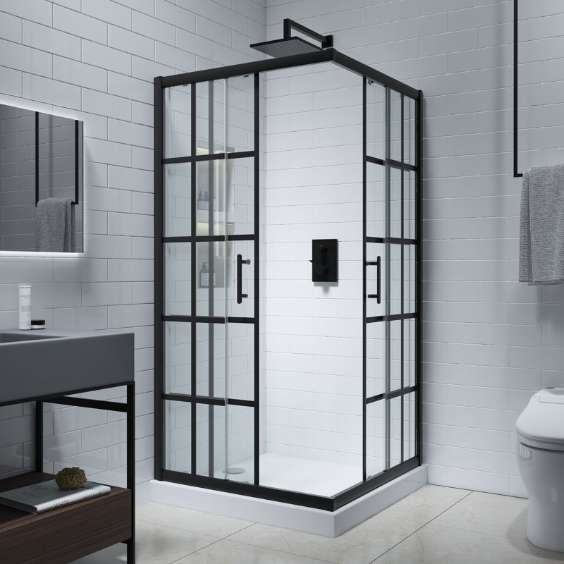 Cyrus 36" W x 36" D x 72" H Framed Double Sliding Square Shower Enclosure in Black Grid with Tempered Glass and Protective Coat