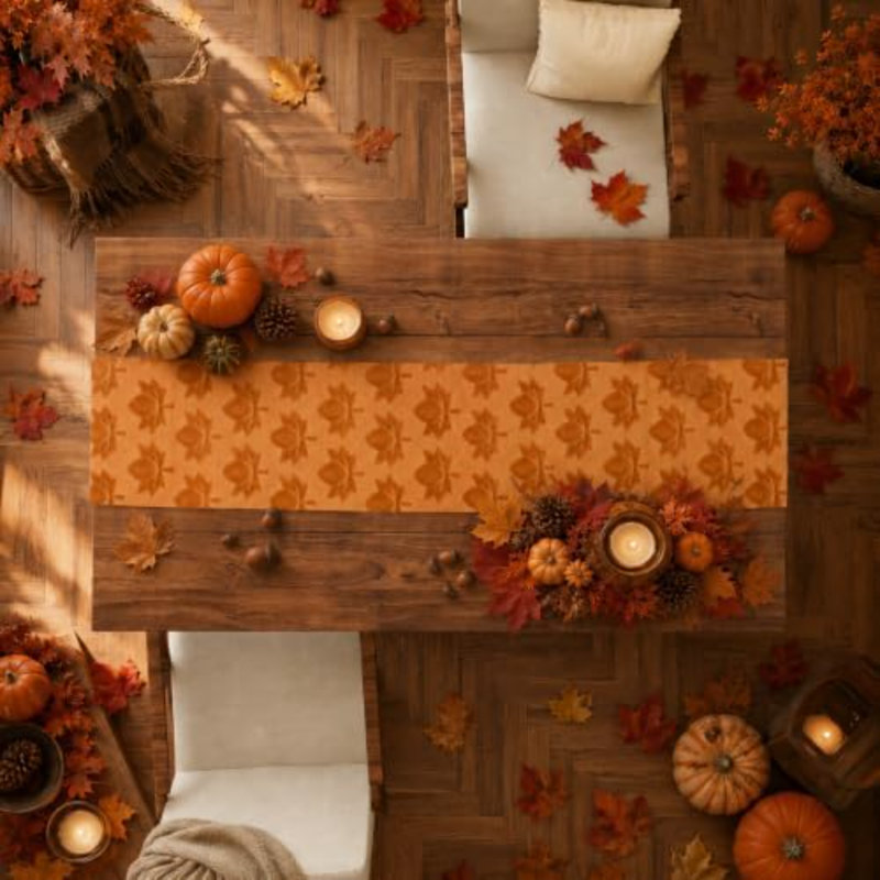 Décoration d'automne - Chemin de table en fausse fourrure douce orange à motif de feuilles d'érable