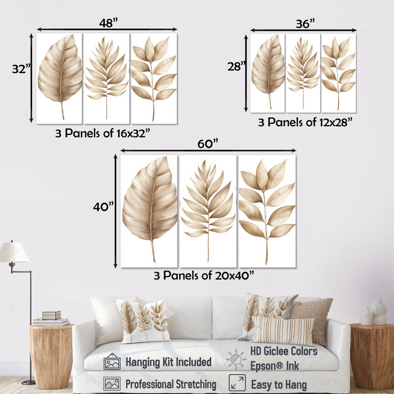 Ensemble de décorations murales Minimalist Tropical Beiges Leaves III - Plantes, Toile tendue, H 32 po x l 48 po x P 1 po