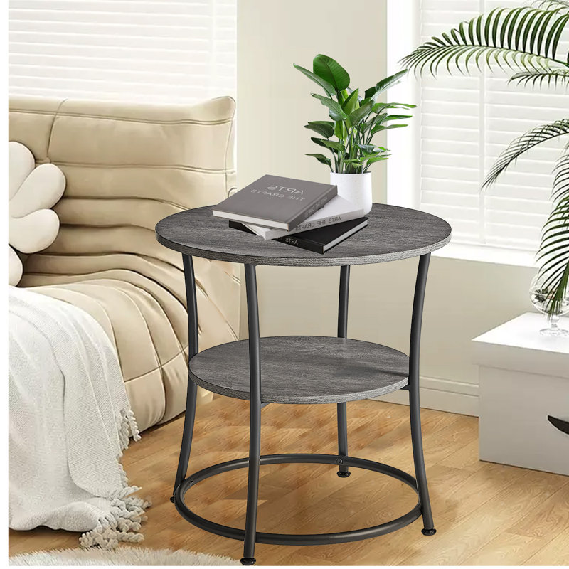Rolande 22.1" W Round End Table with Storage Shelf , Misty Gray/Ink Black