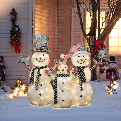 Décoration de Noël pour famille de bonhomme de neige 3 pièces avec finition givrée blanche