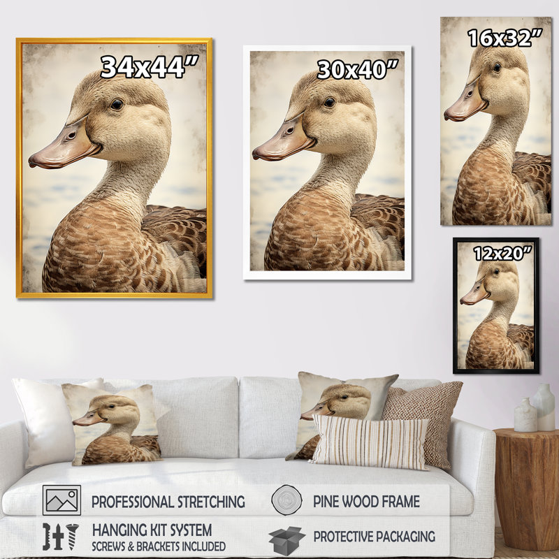 «Brown Duck Elegance III» - Art mural animal canard, Toile tendue, H 40 po x l 30 po x P 1,5 po