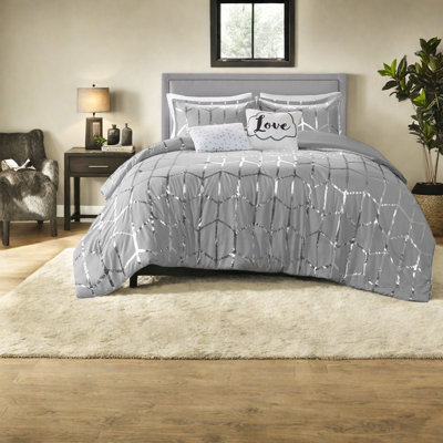Ensemble de literie moderne édredon métallique, polyester hypoallergénique, gris élégant et argent pour la chambre à coucher