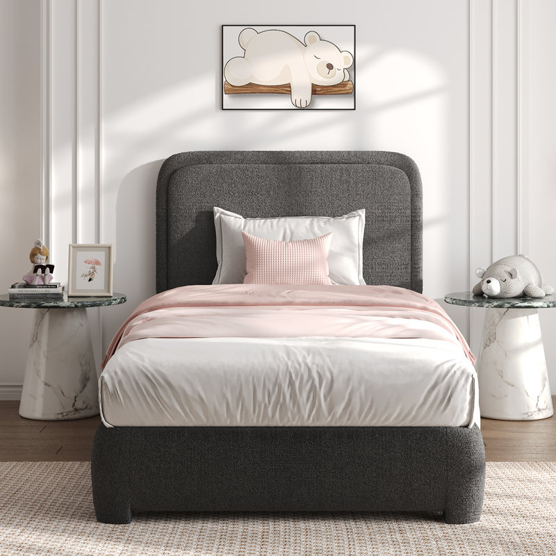 Lit plateforme tapissier Bensu Boucle, Lit simple, Gris