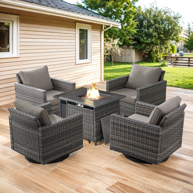 Valenta Hansencamp 4 - Person Outdoor Seating Group With Fire Pit With Swivel Glide Chair And Cushions, Gray