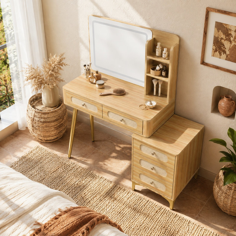 Coiffeuse UNAROZ rétro avec tiroirs en rotin et miroir, Naturel