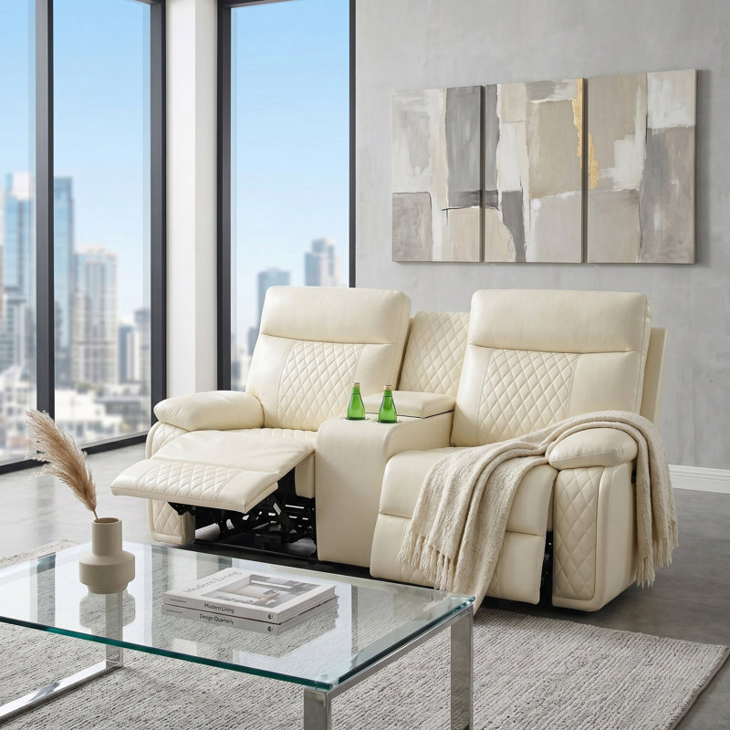 Arvella White Vegan Leather  Reclining  Loveseat With Cup-Holders And LED Lights, White