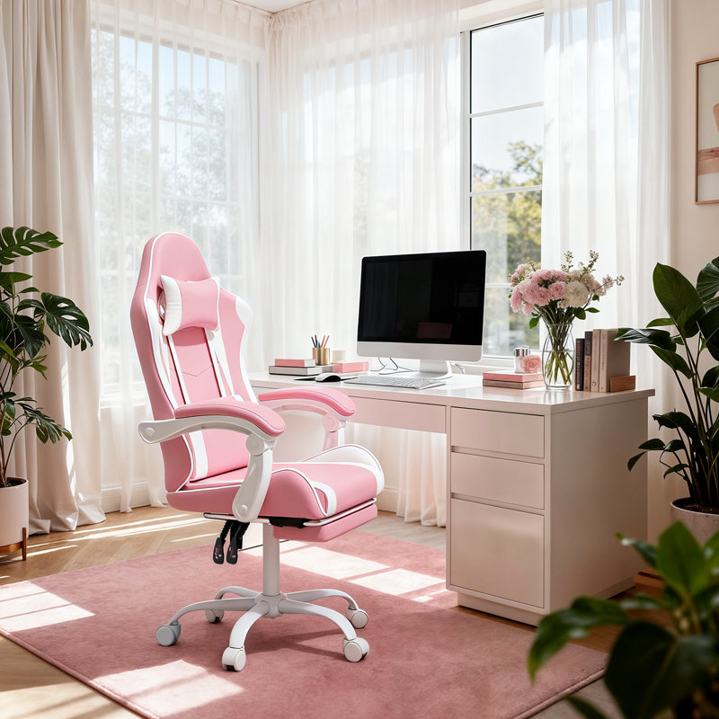 PU Leather Adjustable Gaming Chair, Ergonomic Desk Computer Chair with Headrest, Footrest and Lumbar Support, Pink/White