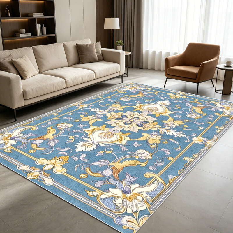 1PC Vintage Persian Floral Blue Gold area rugs for Living Room, Soft, All seasons, Easy-maintain, Washable Indoor mat, Farmhouse suitable for dining table, bedroom, entryway, kitchen, home office, patio Home Decor, Outdoor Decor.