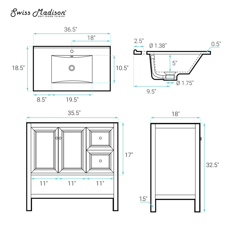 Chateau 36" Freestanding Bathroom Vanity in White Oak with Black Sink Top, Black, White Oak, Single-Hole