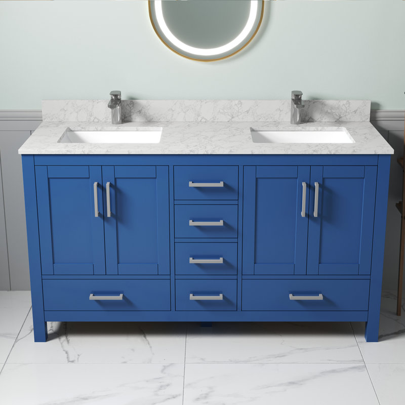  Meuble-lavabo bleu 60 po: deux plateaux de lavabo à surface solide résistants aux taches, 6 tiroirs internes, installation facile