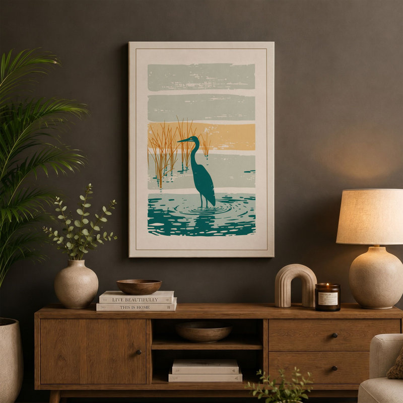 Heron in Reeds Japandi - Wrapped Canvas, 30x20 - 76.2 x 50.8 cm, Black Border