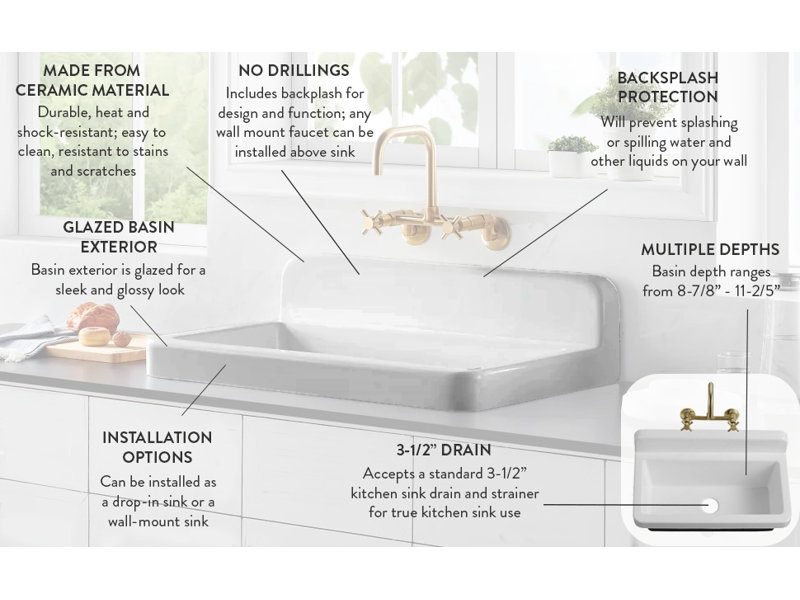 Kingston Brass Persepolis Galley 22-Inch Ceramic Wall Mount Single Bowl Utility Sink