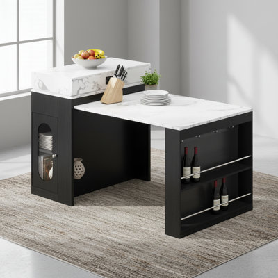 Folding Extendable Dining Table With Power Outlet And Drawers, Mobile Rolling Kitchen Island With Wheels, Hooks And Storage Cabinet, Multifunctional Bar Sideboard For Kitchen & Dining Room, Black & Marble White