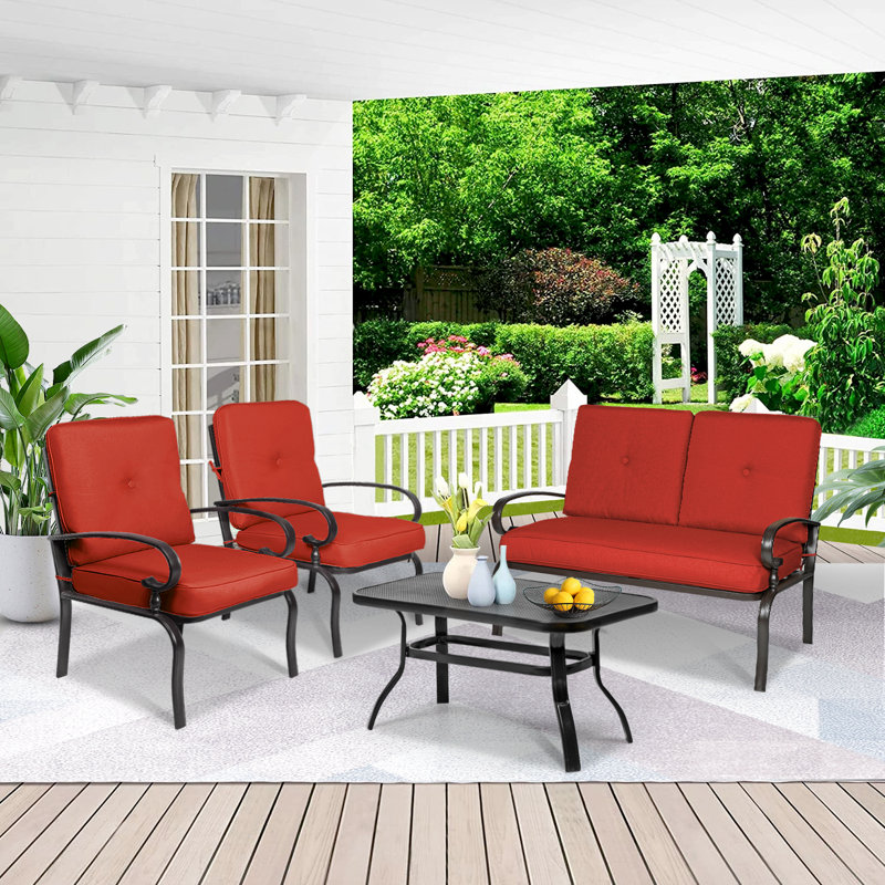 Baldewijn 4 - Person Patio Conversation Set with Cushions, Red