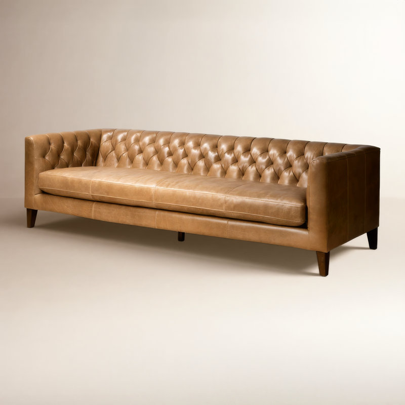Amarone Beola 96" Tufted Chesterfield Sofa, Dakota Warm Taupe Top Grain Leather