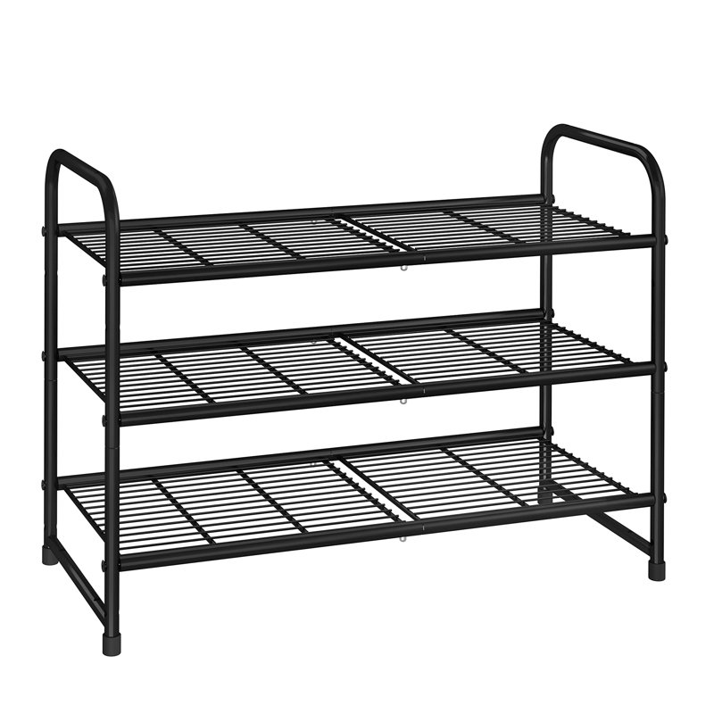 3 Tier Stackable Shoe Rack, Metal Wire Grid, Shoe Organizer Storage Shelf, Black
