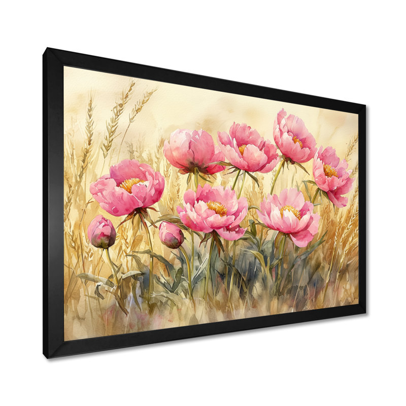 Donnah pivoines dans le champ d'herbe de blé I - pivoines, art mural, Reproduction encadrée d'une seule photo