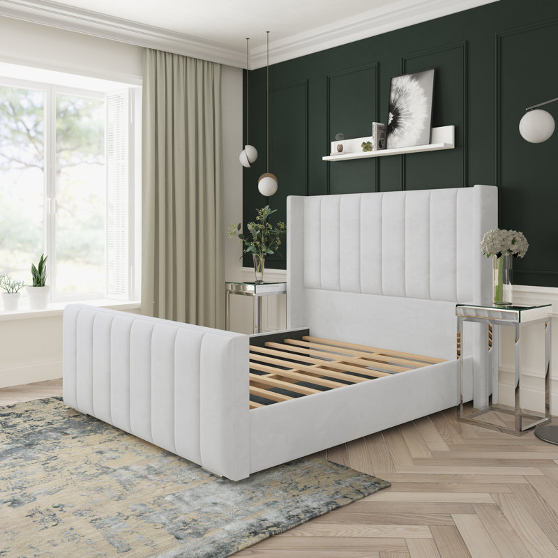 Aspen Plush Velvet Upholstered Bed Frame, White, Double (4'6)