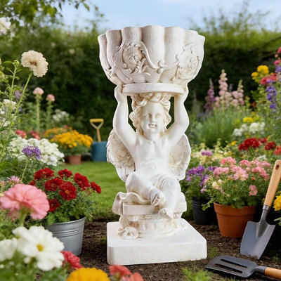 19.8 Inch Tall Cherub Statue Pedestal - Vintage European Style Resin Display Stand, Indoor Outdoor Angel Sculpture Base For Plants, Decor & Lighting, Garden Patio Entryway Accent
