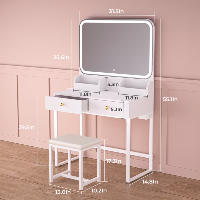 Ensemble de meuble-lavabo l 31,5 "avec miroir à DEL et prise de courant avec tabouret Leileen