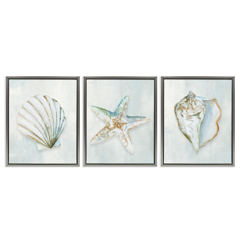 Muted Sea Life Serenity 3pc Floating Frame Set, design by Hannah Dawson, Lustre Grey Floater Frame, 21" H x 17" W