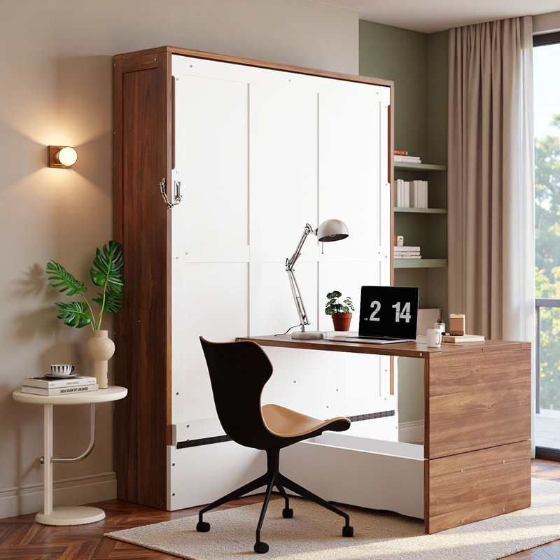 Murphy Bed With Foldable Desk, White