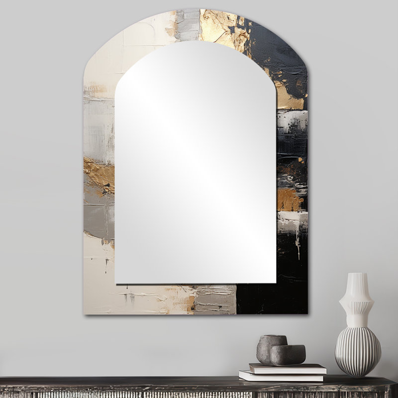 Gray Gold Minimalism Poteries I - Abstract Spirals Arch Decorative Mirror, Grey Asymmetrical Wall Mirror, Printed Metal Art
